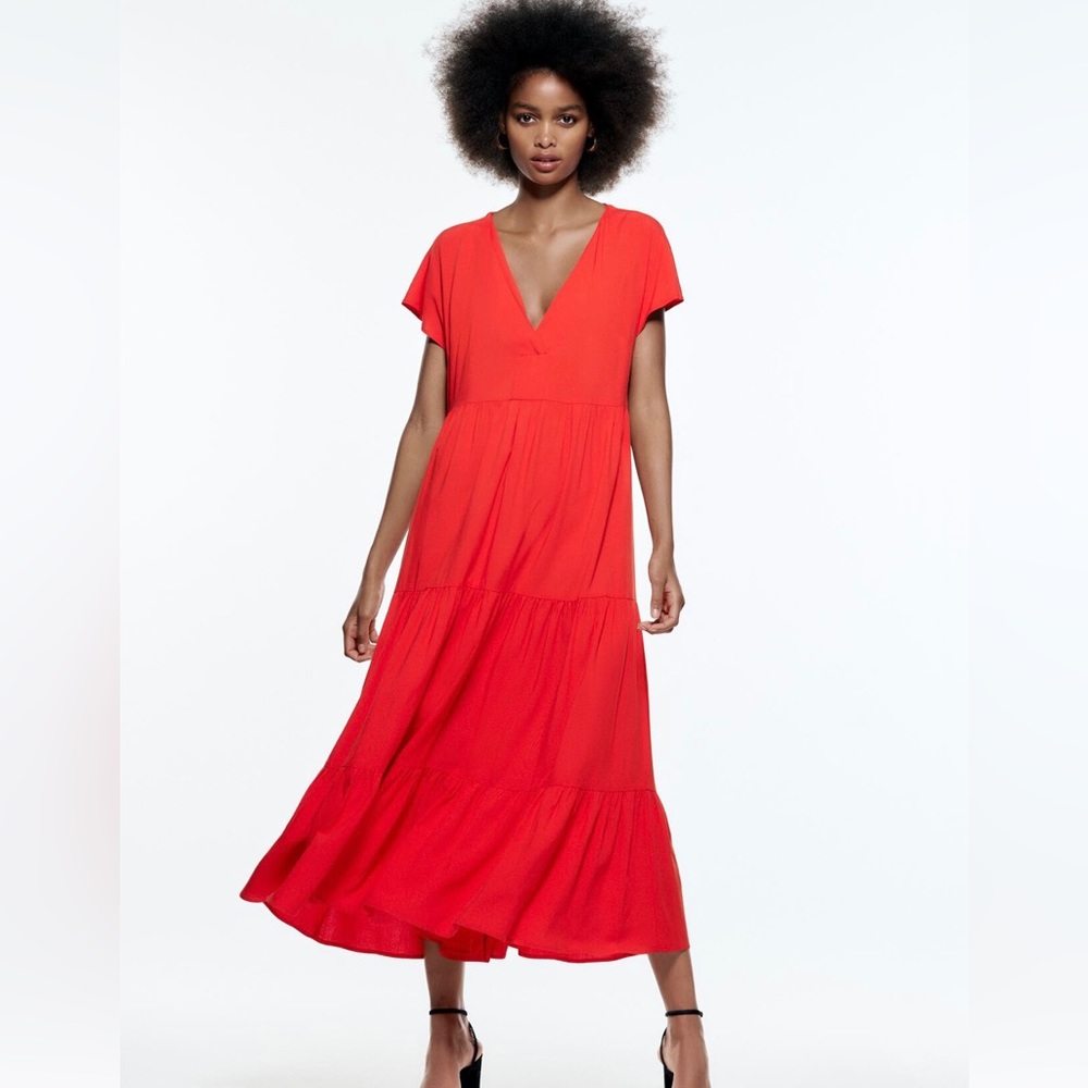 ZARA TIERED MIDI DRESS - RED ORANGE - BRAND NEW W TAGS
